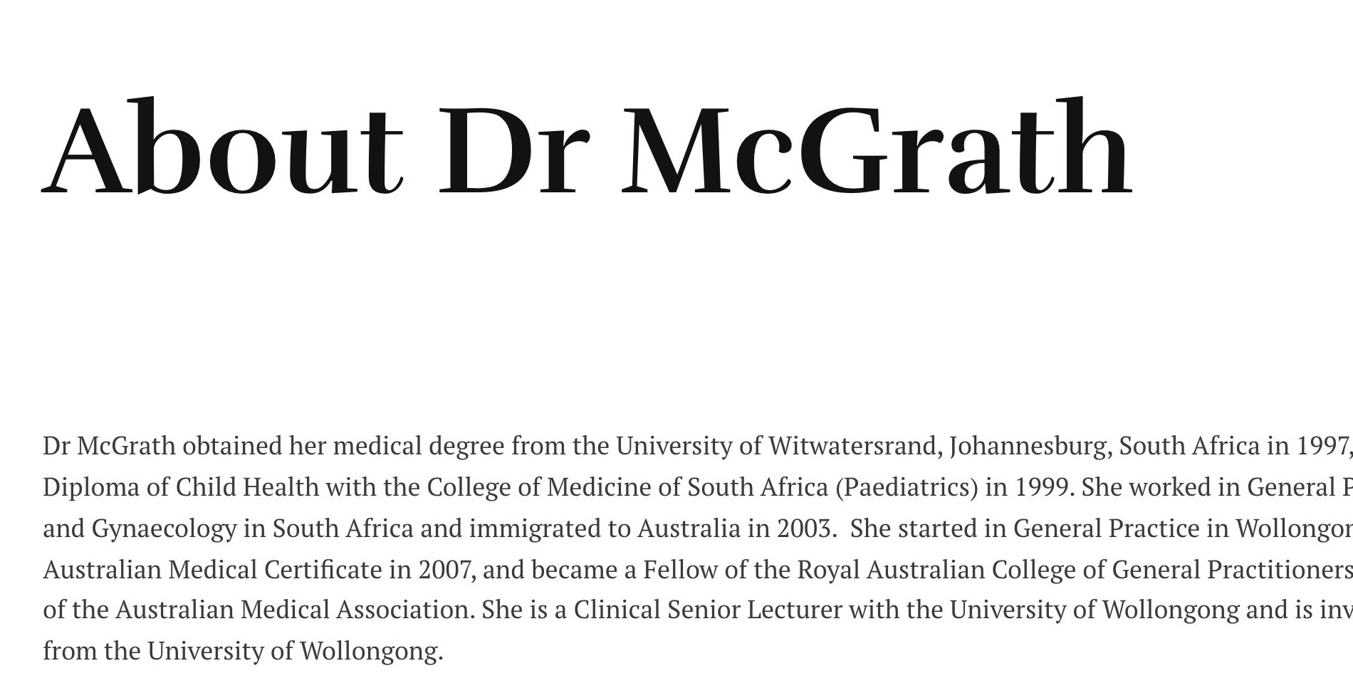 The About page: ‘About Dr McGrath’ above her training and career history