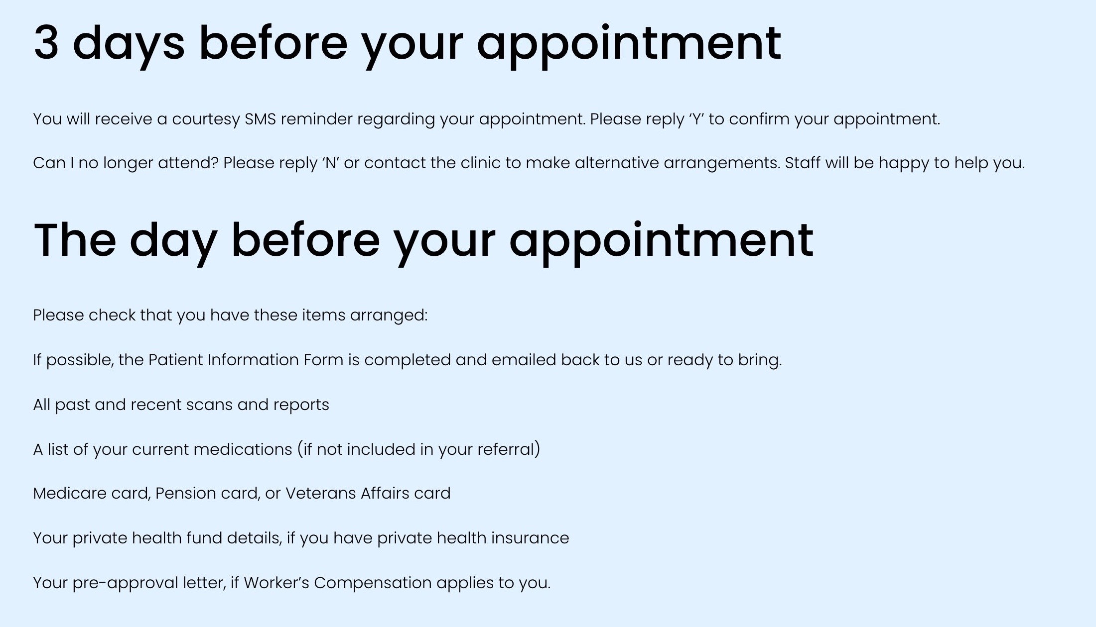 The Bookings page: ‘3 days before your appointment’ and ‘The day before your appointment’, with a checklist of what to bring
