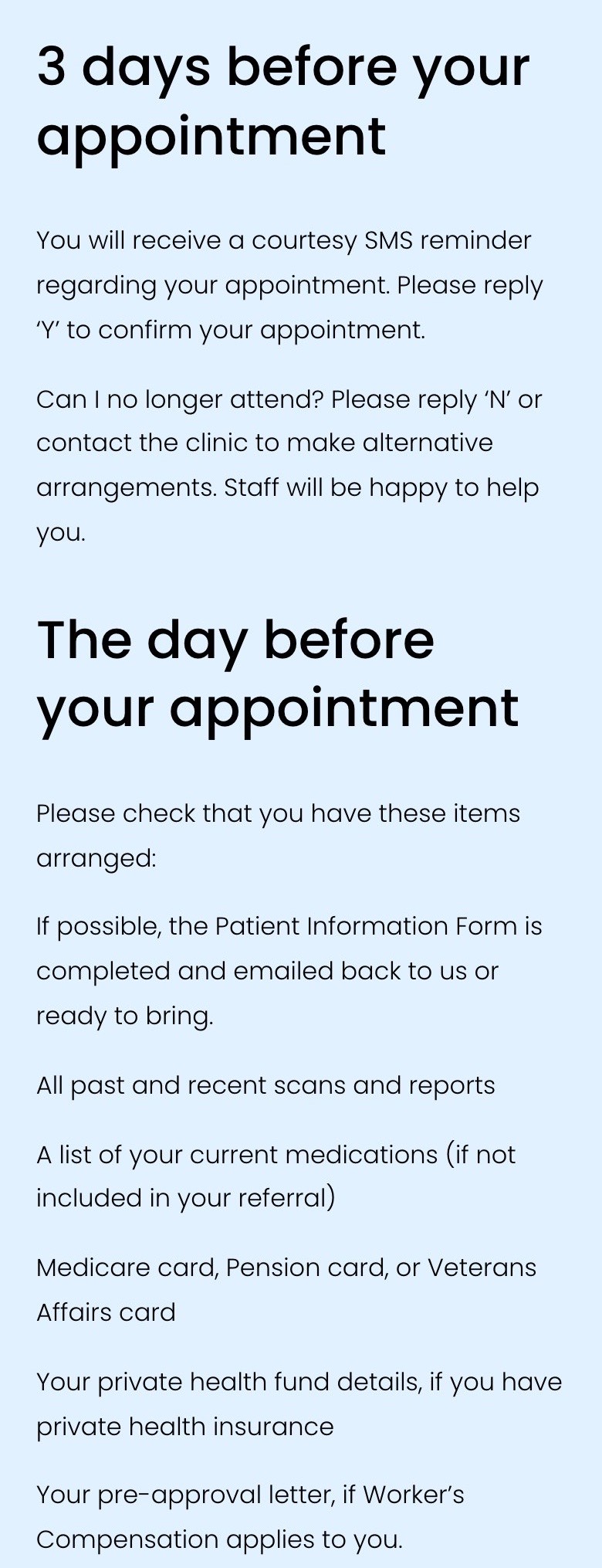 The Bookings page on a phone: ‘3 days before your appointment’ and ‘The day before your appointment’, with a checklist of what to bring