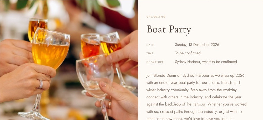 The events page listing an end-of-year boat party