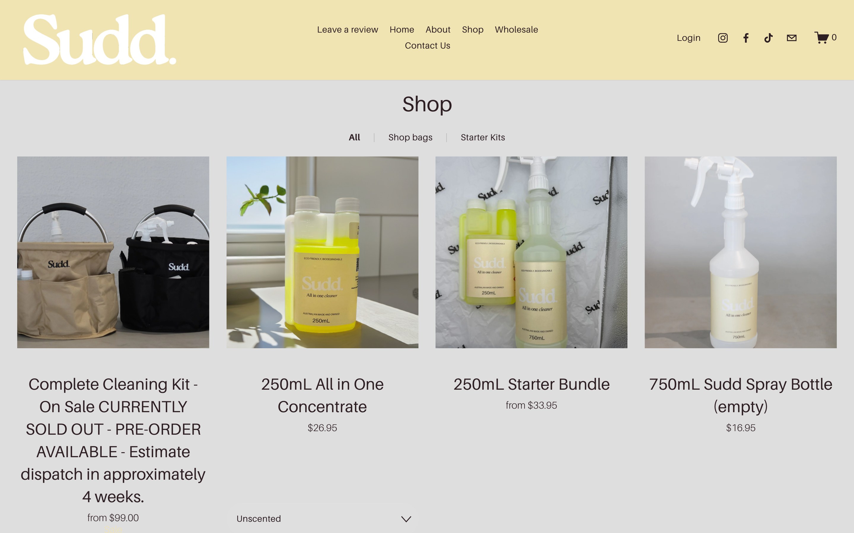 The existing SÜDD shop page: a cleaning kit whose product name includes ‘sold out, pre-order available, estimate dispatch in approximately 4 weeks’, a 250 ml concentrate, a 250 ml starter bundle and an empty spray bottle