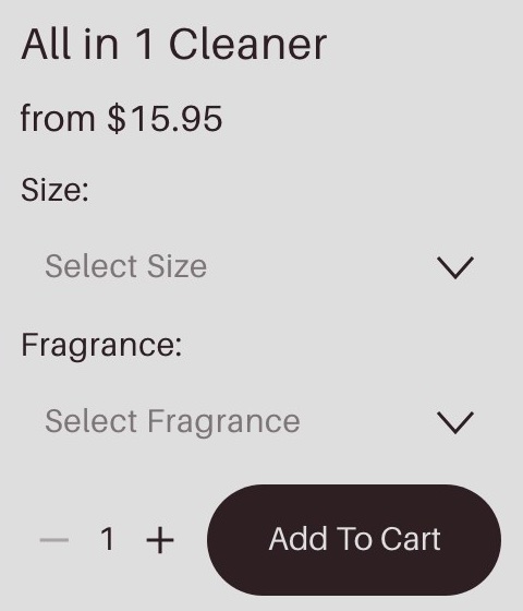 Existing SÜDD storefront: All in 1 Cleaner with separate size and fragrance dropdowns