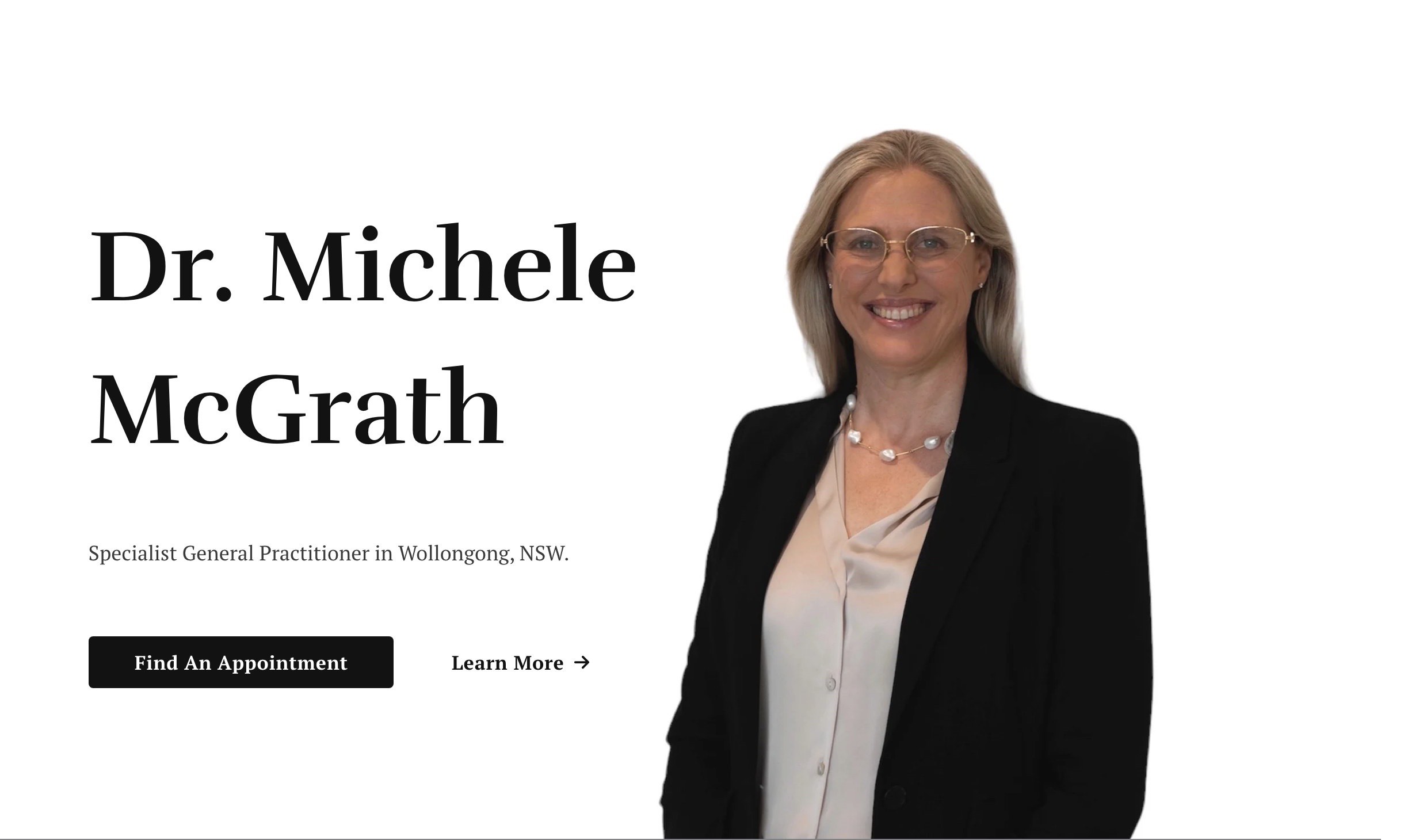 The homepage hero: ‘Dr. Michele McGrath, Specialist General Practitioner in Wollongong, NSW’ in a large serif, beside her portrait