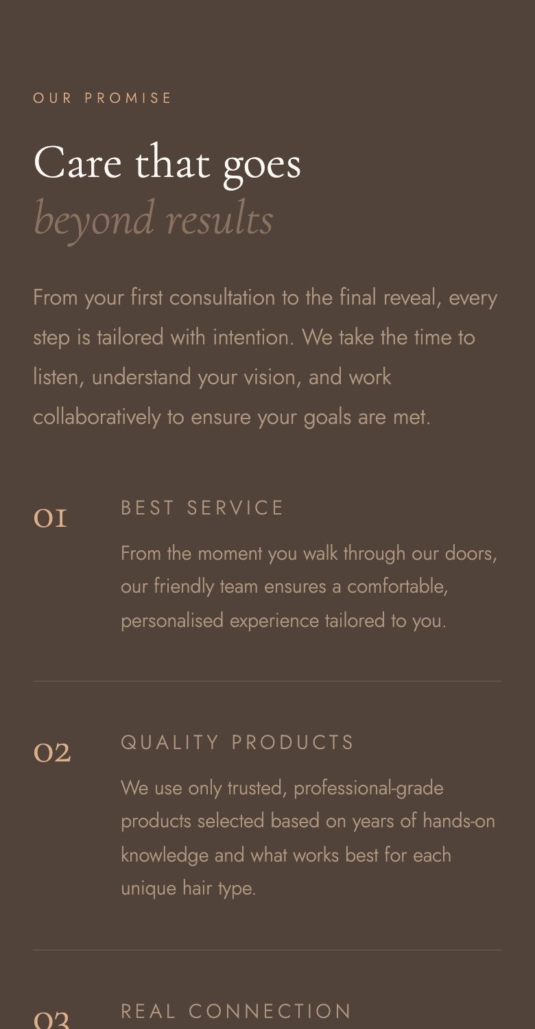 The BlondeDenm homepage on a phone: ‘Care that goes beyond results’