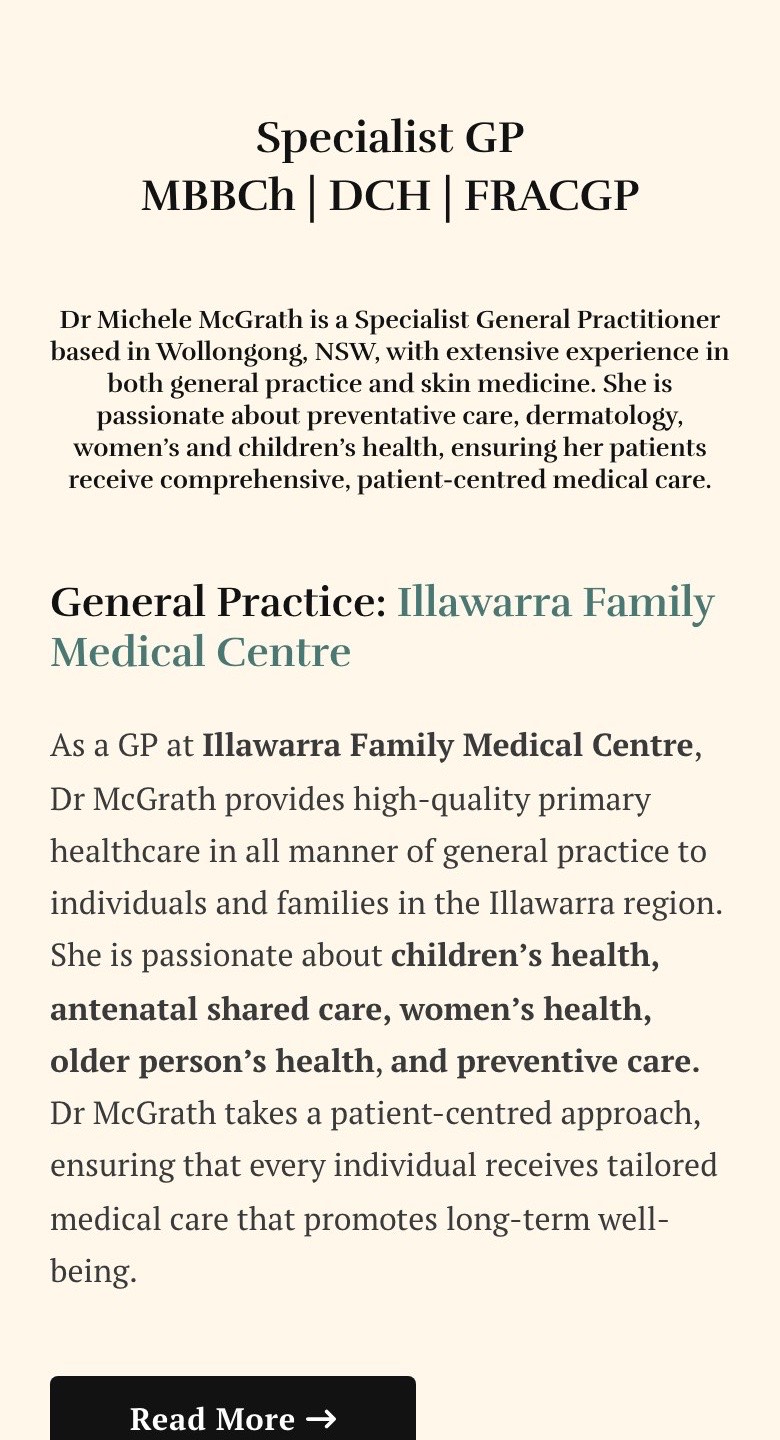 The homepage on a phone: credentials and the first of the two settings, General Practice at Illawarra Family Medical Centre