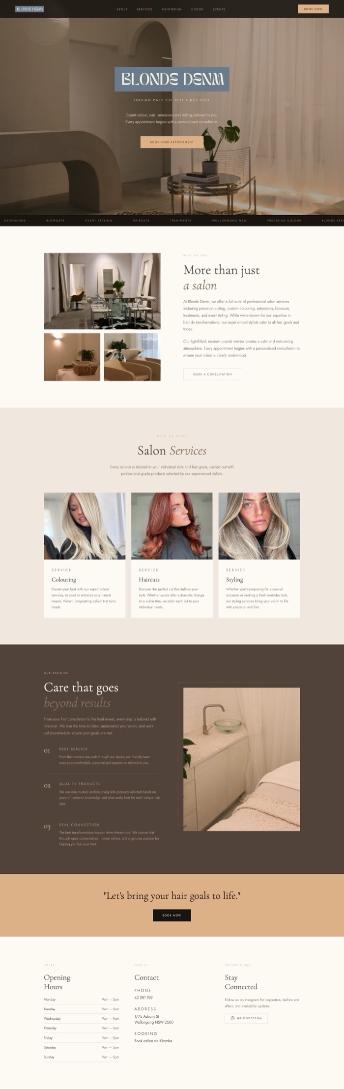The full BlondeDenm homepage on desktop, from the hero to the contact details