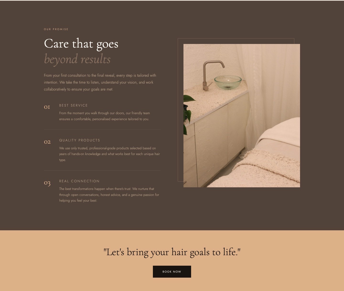 The homepage’s ‘Our promise’ section in the dark brown and the gold booking banner beneath it