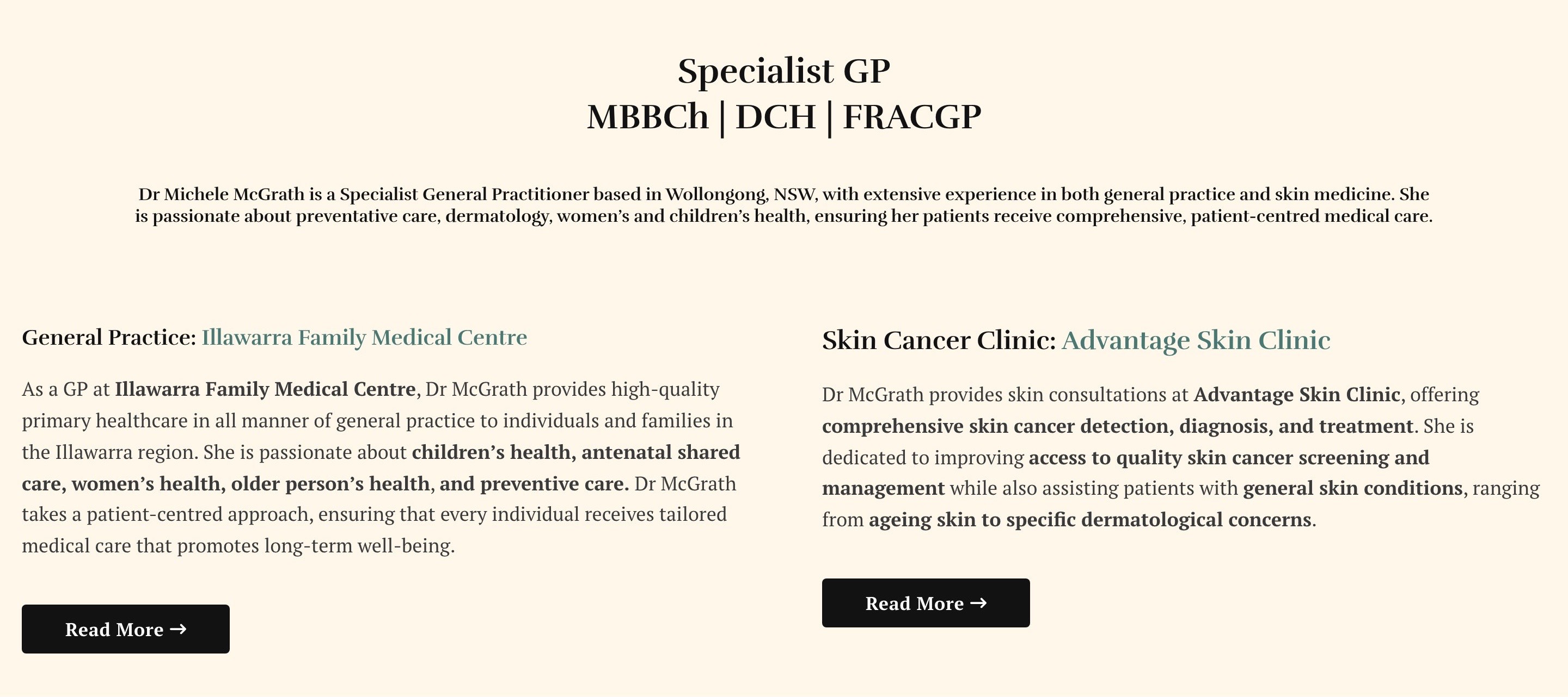 The homepage’s cream band: ‘Specialist GP, MBBCh | DCH | FRACGP’, then General Practice at Illawarra Family Medical Centre and Skin Cancer Clinic at Advantage Skin Clinic, side by side