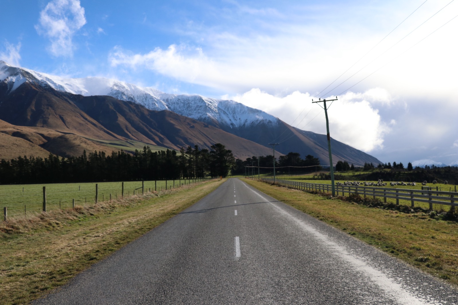 A straight, empty country road running towards snow-dusted mountains, with power poles and farm fencing alongside