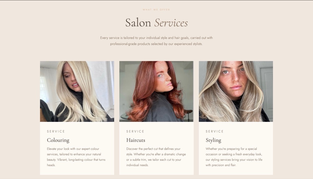 The services section: colouring, haircuts and styling, each with a photograph of the salon’s work
