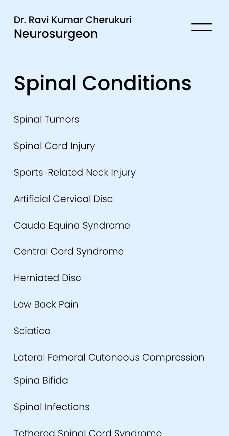 The Spinal Conditions page on a phone: the site header, then a list of spinal conditions